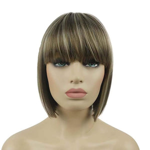 Lydell 8" Straight Short Bob Hair Flat Bangs Cute Central Dot Skin Top Heat Resistant Synthetic Wigs (18-22 Light Ash Brown)