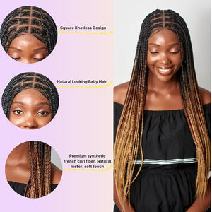 Wow Braids Box Braid Wig - Knotless Braided Wigs for Black women with 360 glueless Full Swiss Lace Cap &amp Human Baby Hair Frontal Synthetic Long Neat African Handmade Braiding - 36 / Ombre C14