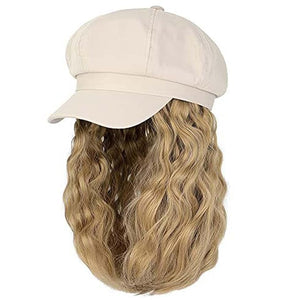 YEKEYI Beret Hat with Hair Newsboy Cap with Bob Hair Extensions Hat Wig Visor Beret Short Curly Wavy Hairpiece for Women