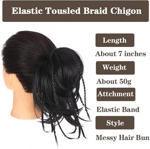 HIHELO Synthetic Straight Bun with Braids Extension Messy Bun Ponytail Hair Hoop Hair Accessories for Women Natural Wigs (Color : 02)