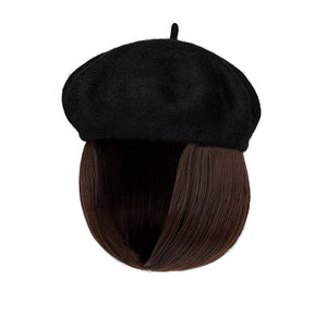 Hat Wig Beret Hat with Hair Extensions Classic French Wool Hat Straight Short Bob Hairpiece Women Bob Wig Hats