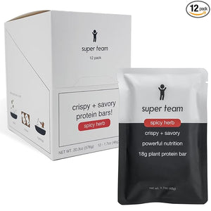 Super Team Savory + Crispy Protein Bars - Spicy Herb - 12-Count Snack Bars - High Protein (18g) High Fiber (7g) Low Sugar (1g) - Gluten Free Nut Free Soy Free Vegan Plant Based Meal Replacement