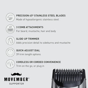 Panasonic Multi-Groomer Electric Beard Trimmer for Men Men¡¯s Trimmer for Beard Hair and Body 39 Trim Length Settings with 3 Attachments Corded/Cordless Operation ? ER-GB80-S (Silver)