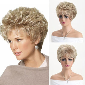 Short Curly Blonde Wigs Human Hair Mixed Synthetic Fluffy Natural Looking for Women Daily Use Heat Resistant