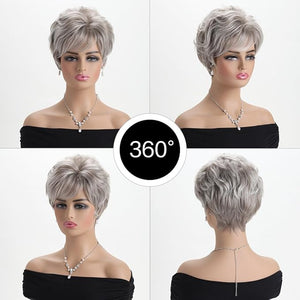 Short Curly Grey Wigs Human Hair Mixed Synthetic Fluffy Natural Looking for Women Daily Use Heat Resistant