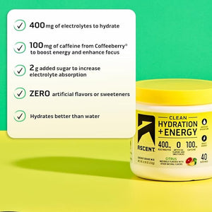 Ascent Clean Hydration + Energy Electrolytes Powder - 100mg Caffeine, 400mg Electrolytes, No Artificial Ingredients, Citrus 40 Servings