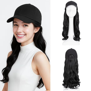 SEGO Hat Wig Hat with Hair Attached for Women Black Baseball Cap with Hair Extensions Long Wavy Baseball Cap Wig Adjustable Hats for Daily Party 16 Inch #1 Black