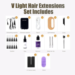 V light hair extensions kit Professional Hair Extensions Installation Kit V light machine*1 V light hair removal tool*1 v light hair extensions glue*6 glue remover *6. (black machine set)