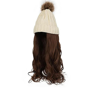 Women Winter Beanie Hat With Big Wavy Curly Hair Knit Attached Ski Snow Cap Wig for Party, Daily, Weddings