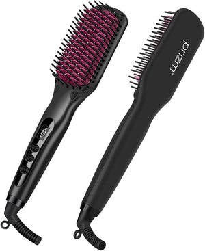 Prizm Hair Straightener Brush 2-in-1 Double Negative Ion Hot Comb for Smooth 30s Fast Heating for Smooth Frizz-Free Shine Hair Anti Scald Temp Lock LCD Display Portable for Home &amp Travel