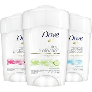 Dove Deodorant, Clinical Protection for Women, 3-Stick Variety Pack - Antiperspirant Deodorant with 48-Hours of Protection, Moisturizing for Sensitive Skin, Scented, 1.7 Oz (3 Piece Set)