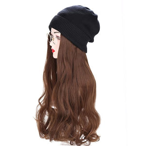 Women Winter Beanie Hat Wig Knit with Long Straight/Wig Wavy Curly Hair Wig Attached 23.6 Inch Synthetic Hairpiece