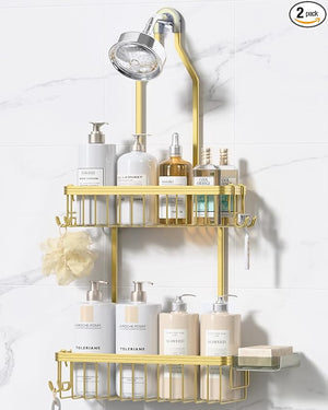 YASONIC Shower Caddy Hanging, Never Rust Shower Organizer Hanging, Aluminum Shower Racks for Inside Shower with Hooks for Razor, Bathroom Organizers and Storage with Soap Holder, Gold