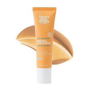 Daily Defender Broad Spectrum SPF 50 Mineral Sunscreen with Hyaluronic Acid, Vitamin C &amp; Niacinamide (as Vitamin B3), Lightweight UVA &amp; UVB Protection, Skin Care, Medium