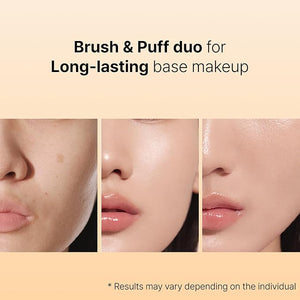 THE TOOL LAB All Day Fitting Duo (Glow type) - Premium Base Makeup Set for Liquid Cream Powder Foundation Buffing Blending Face Brush Sponge Portable Case - 1.1 Flat Top Brush