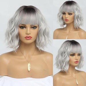 Short Silver Wigs for Women Ombre Grey Wavy Bob Wig with Bangs Medium Length Synthetic Hair Water Wave Dark Roots Wig Gray Colorful Wigs£¨14 Inches£©