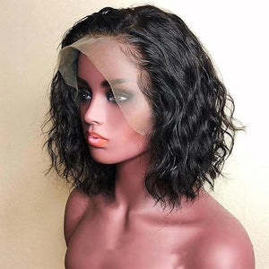 Short Bob Wig Water Wave Human Hair Wig Natural Color Brazilian Virgin Hair 13x4 HD Transparent Lace Front Wig 150% Density Pre Plucked Natural Hairline with Baby Hair Bleached Knots 10inch