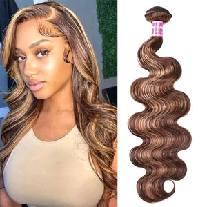 UNice Honey Blonde Highlight Body Wave Human Hair Weave 1 bundle 24 inch, Brazilian Remy Hair Dark Root Ombre Blonde Human Hair Extensions for Sew In TL412 Color