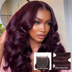 UNICE 12A Body Wave Human Hair Bundles with 4x4 Lace Closure 22 24 26+20 inch 100% Brazilian Virgin Hair Weave Extensions Tangling-Free Shedding-Free Ombre Black Cherry Color