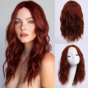 Medium Length Copper Red Wavy Wigs for Women 18 Inch Middle Part Wavy Fox Red Wig Natural Looking Synthetic Heat Resistant Fiber Wig for Daily Party Use (18 inch)