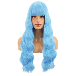BERON Blue Long Wigs Curly Wavy Womens Wigs with Bangs Light Blue Colored Heat Resistant Synthetic Wigs for Cosplay or Daily Wigs Wig Cap Included