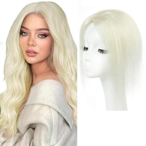 isheeny Human Hair Topper for Women 14Inch Real Human Hair Toppers For Changing Your Look White Natural Hair Pieces for Women With Artificial Base &amp 2 Secure Clips
