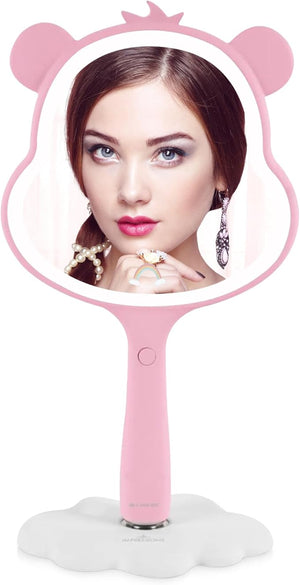 Impressions Vanity Care Bears Cheer LED Handheld Makeup Mirror for Desk Lighted Travel Makeup Mirror with Detachable Standing Base Ultra Bright Adjustable Lighting and Figural Shaped (Pink)