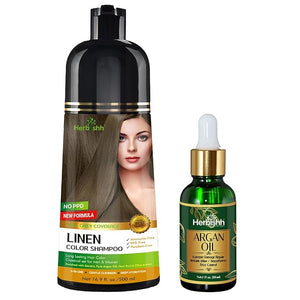 Herbishh Lenin Hair Color Shampoo - 3-In-1 Magic Dye for Gray Hair 500 Ml + Argan Oil for Dull, Dry Damaged Hair 30ML