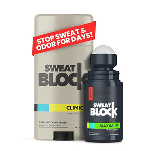 SweatBlock Antiperspirant Deodorant System | MAXIMUM CLINICAL STRENGTH for Men &amp; Women | Hyperhidrosis Aid for up to 7 Days Sweat Control | Roll On 1.2 fl oz + Sandalwood &amp; Amber Deo Stick 2.7