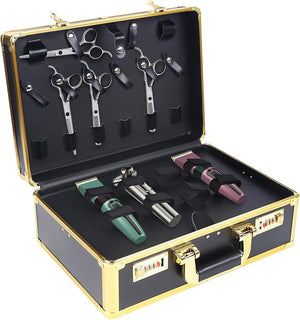 Barber Case Clipper BagProfessional Portable Barber Travel Carrying Case with Portable Handle£¦Secure Numlock for Hair Stylist Pet Groomer Beauty Salon Makeup Artist (Gold 15.74*10.8*6.5in)