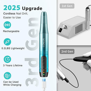COSLUS Cordless Nail Drill Electric File: Professional for Acrylic Gel Dip Powder Nails Portable Nail Drill Machine Kit for Manicure Pedicure Nail Set with Everything Rechargeable Lightweight Blue