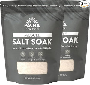 Pacha Soap Co. Muscle Salt Bath Soak - Epsom Salt with Arnica Calendula and Peppermint Handcrafted Bath Salts Made in The USA for Muscle Relief Recovery &amp Relaxation 2-Pack (64 oz. Total)