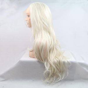 xiweiya White Blonde Lace Front Wig 60# Silver Blonde Synthetic 13x3 Lace Front Wig Heat Resistant Fiber Half Hand Tied Hair Natural Hairline Long Body Wave Synthetic Wig for Woman 26inch