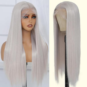 Gray Synthetic Lace Front Wig Pre-Plucked HD Glueless 13X4 Straight Gray Platinum Lace Wig For Black Women Ready to Wear Wigs Beginner Friendly (26 Inch)
