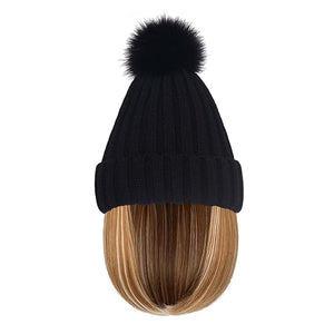 Women Caps with Hair Knit Beanie Cap with Extensions Short Straight Hairstyle Hat Wigs Winter Knitted hat bob Wig