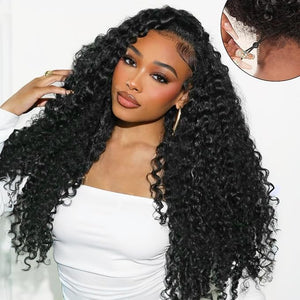 Wear and Go Glueless Wigs Human Hair Pre Cut HD Lace 7x5 Deep Wave Lace Front Wigs Human Hair Pre Plucked 200% Density Glueless Drawstring Wig for Beginners 20 Inch Natural Color Pre Everything