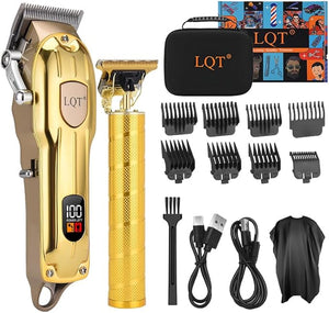 Professional Hair Clipper Set Gold LED Display with Trimmer 8 Guide Combs Barber Shaver Set with Travel Case and Haircut Cape (Gold)