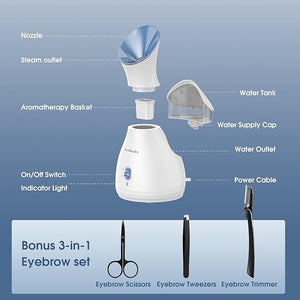 Newbealer 2in1 Facial Steamer Hot Mist Facial Aromatherapy Humidifier Atomizer Large Face Steamer Unclogs Pores Sinuses Moisturizing Home Sauna Spa with Eyebrow Set (Blue 170ml)
