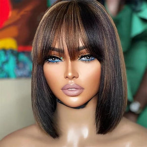 Bob Wig Human Hair with Bangs Glueless 2.5x1 HD Lace Colsure Wigs Human,Yaki Bob Wig with Brown Highlights, Ready to Go Short Wigs For Women Beginner Friendly 14 Inch