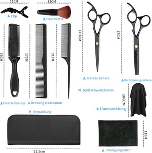 Hair Scissors Set - 11 Pcs Black Stainless Steel Haircut Set with Thinning Scissors, Neck Duster Brush, Comb, Barber Cape, Hair Clips with Pu Box