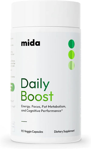 Mida Health¢ç Daily Boost 3-in-1 Weight Loss Energy &amp Focus Support | 7-Keto DHEA (200mg) Thermogenic with Natural Caffeine CoQ10 B12 Ginkgo Biloba Ginseng L-Theanine Folate | 30 Servings
