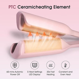 Beach Wave Curling Iron Deep Waver Hair Tool, Mermaid Hair Waver for Women Crimper, Anti-Scald, Dual Voltage, 1.4 Inch Ceramic Double Barrel Wavy Curling Iron, Pink