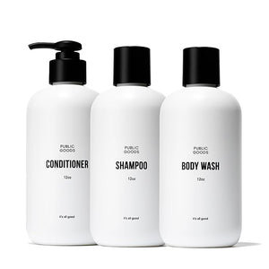 Public Goods Shower Essentials for Men and Women | Natural Shampoo Conditioner &amp Body Wash | Made with Organic Essential Oils | Sulfate &amp Paraben Free | Vegan Friendly | 12 Fl Oz Bottles