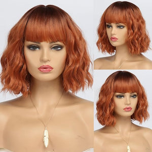 Short Copper Red Wigs for Women Fox Red Wig Ombre Red Dark Root Culy Bob Wigs with Bangs Ginger Hair Wig Wavy Synthetic Wigs(14Inches)