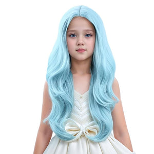 Kid Ice Blue Wig Long Light Blue Wavy Curly Wig for Child Girl Middle Part Wigs Heat Resistant Synthetic Wigs with Cap