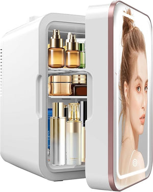 Skincare Fridge, 6L/10 Can Mini Fridge for Bedroom with Dimmable LED Mirror, Portable Cooler &amp; Warmer Small Compact Refrigerator for Skincare, Cosmetics, Bedroom and Office, White
