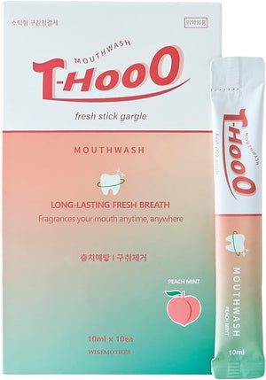 WISEMOTHER T-HooO Fresh Stick Mouthwash ? Peach Mint Flavor ? 10ml x 10 Sticks Alcohol-Free Portable Gargle Natural Breath Freshener &amp Mouth Rinse for Daily Mouth Care