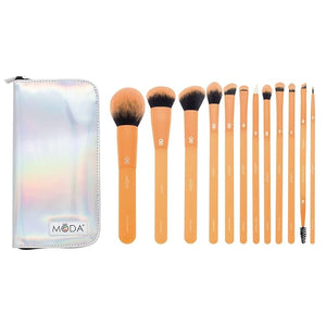MODA Totally Electric Neon Orange Full Face Makeup Brush Kit ? 13pc Vibrant Brush Set for Face &amp Eyes with Zip Case