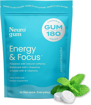 NeuroGum Energy Caffeine Gum (180 Pieces) - Sugar Free with L-theanine + Natural Caffeine + Vitamin B12 &amp B6 - Nootropic Energy &amp Focus Supplement for Women &amp Men - Keto &amp Vegan Peppe