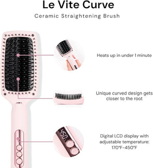 L'ANGE HAIR Le Vite Curve Ceramic Straightening Brush | Heated Straightener Flat Iron for Smooth Anti Frizz Hair | for All Hair Lengths | Hot Styling Brush for Effortless Straightening (Blush)